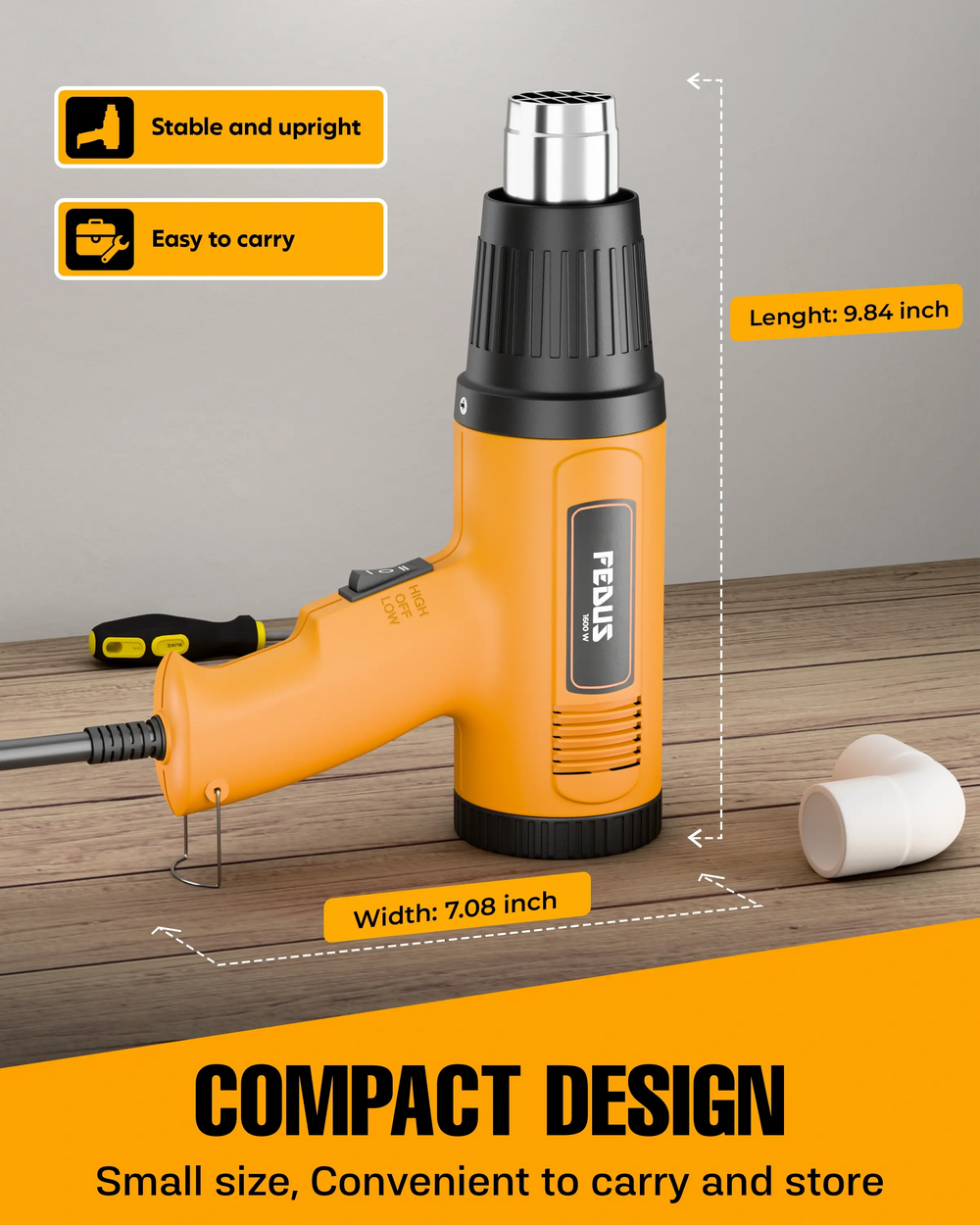 FEDUS Heat Gun Hot Air Gun Temperature Machine 1600W, 2 Temp Settings Great for industrial use & Crafts, Removing & Drying Paint, Shrink Tubing/Wrapping Packing, Bend Plastic Pipes, Epoxy Resin, Yellow FEDUS