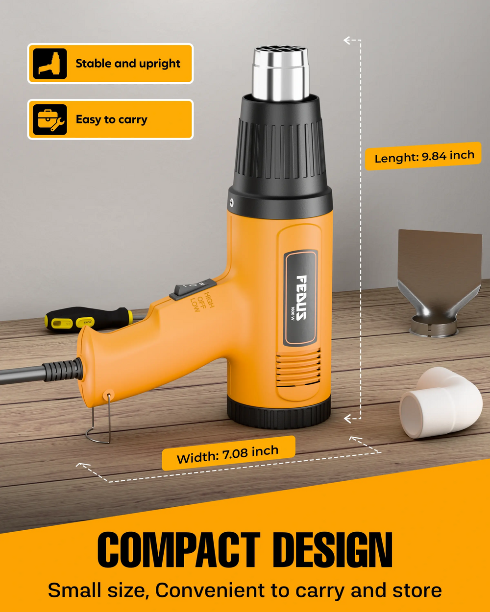 FEDUS Heat Gun Hot Air Gun Temperature Machine 1600W 5 Nozzles Included, 2 Temp Settings Great for industrial use & Crafts, Removing & Drying Paint, Shrink Tubing/Wrapping Packing, Bend Pipes, Epoxy Resin, Yellow FEDUS