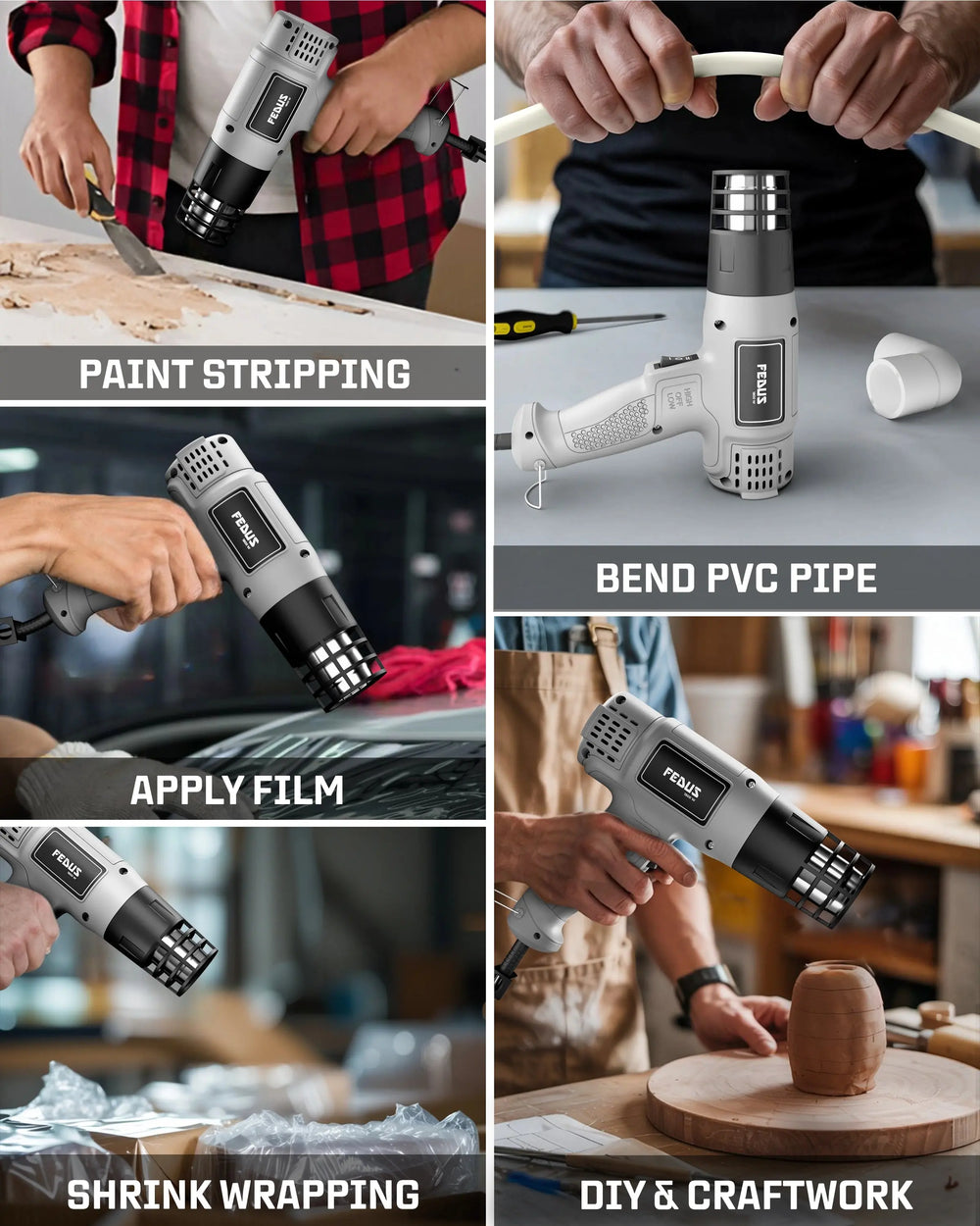 FEDUS Heat Gun Hot Air Gun Temperature Machine 1800W, 2 Temp Settings Great for industrial use & Crafts, Removing & Drying Paint, Shrink Tubing/Wrapping Packing, Bend Plastic Pipes, Epoxy Resin, Grey FEDUS
