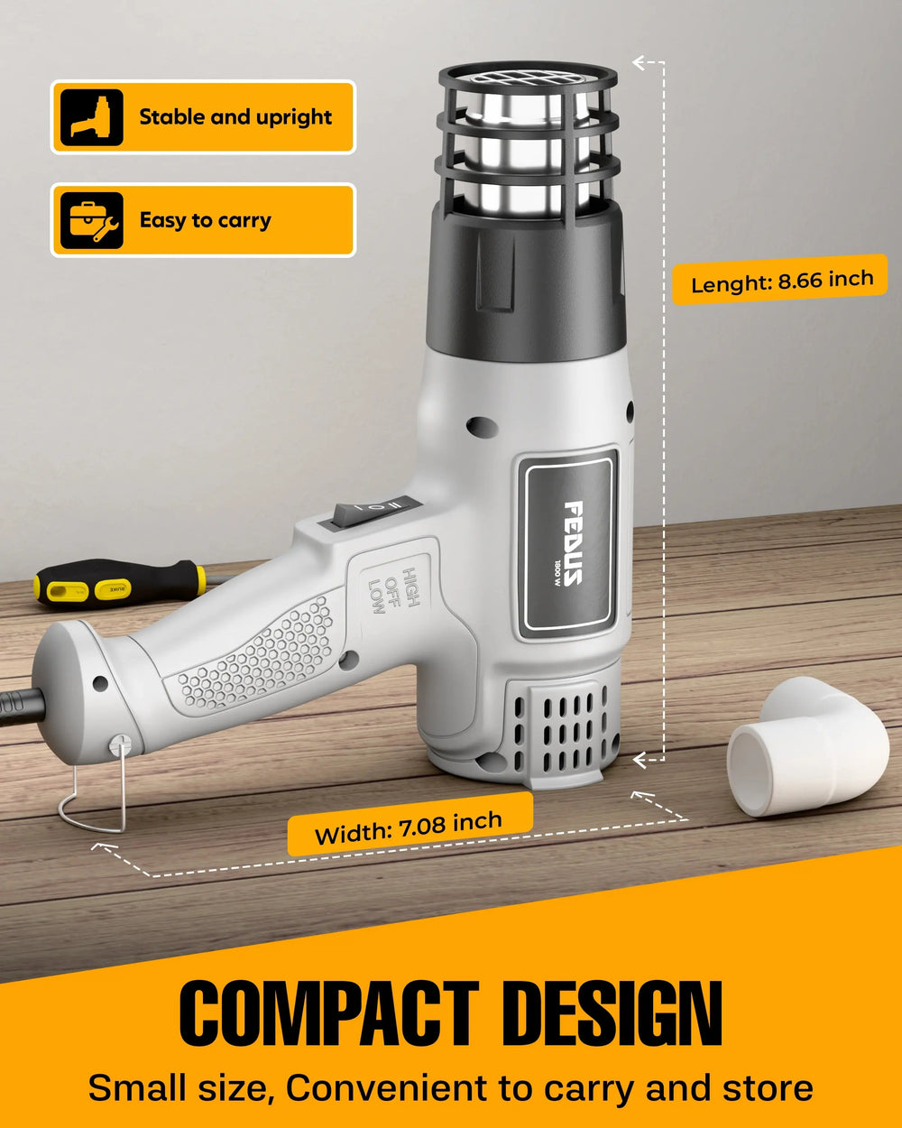 FEDUS Heat Gun Hot Air Gun Temperature Machine 1800W, 2 Temp Settings Great for industrial use & Crafts, Removing & Drying Paint, Shrink Tubing/Wrapping Packing, Bend Plastic Pipes, Epoxy Resin, Grey FEDUS