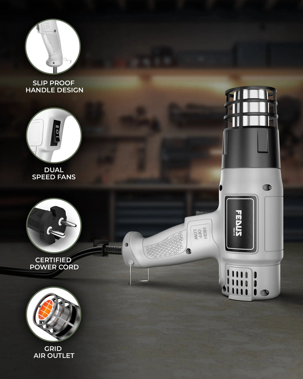 FEDUS Heat Gun Hot Air Gun Temperature Machine 1800W, 2 Temp Settings Great for industrial use & Crafts, Removing & Drying Paint, Shrink Tubing/Wrapping Packing, Bend Plastic Pipes, Epoxy Resin, Grey FEDUS