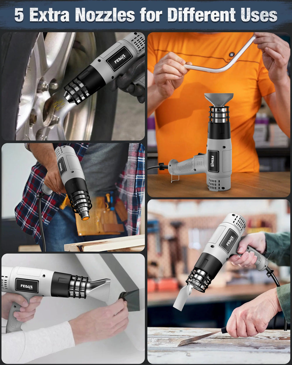 FEDUS Heat Gun Hot Air Gun Temperature Machine 1800W 5 Nozzles Included, 2 Temp Settings Great for industrial use & Crafts, Removing & Drying Paint, Shrink Tubing/Wrapping Packing, Bend Pipes, Epoxy Resin, Grey FEDUS