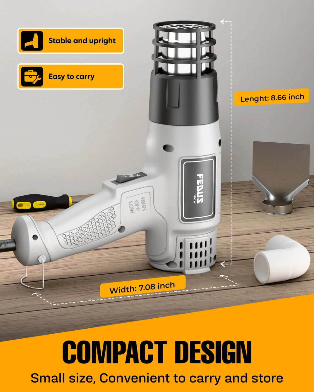 FEDUS Heat Gun Hot Air Gun Temperature Machine 1800W 5 Nozzles Included, 2 Temp Settings Great for industrial use & Crafts, Removing & Drying Paint, Shrink Tubing/Wrapping Packing, Bend Pipes, Epoxy Resin, Grey FEDUS