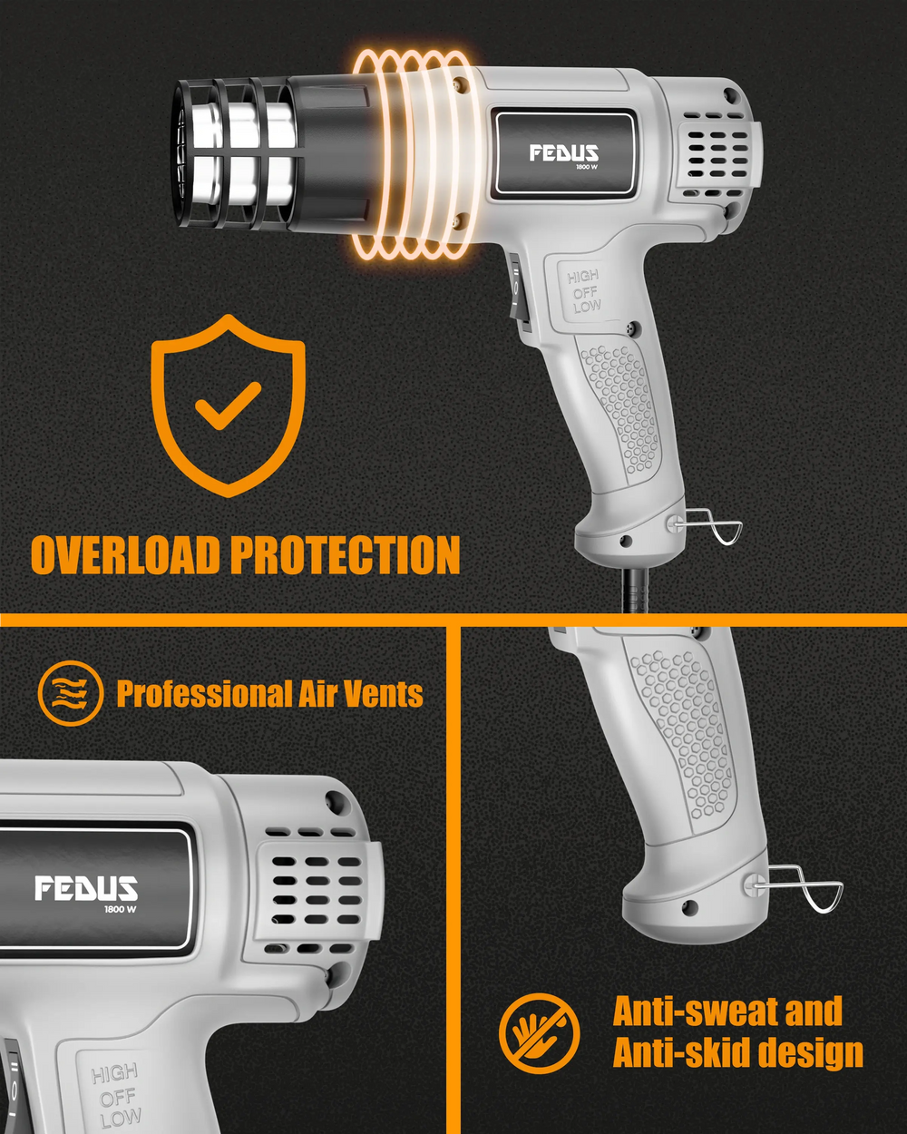 FEDUS Heat Gun Hot Air Gun Temperature Machine 1800W 5 Nozzles Included, 2 Temp Settings Great for industrial use & Crafts, Removing & Drying Paint, Shrink Tubing/Wrapping Packing, Bend Pipes, Epoxy Resin, Grey FEDUS