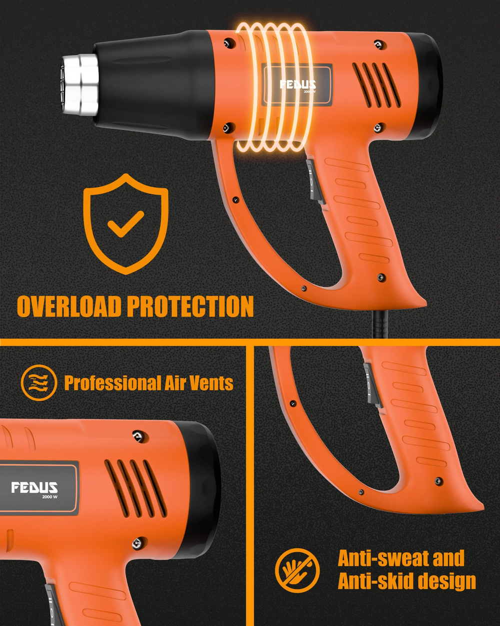FEDUS Heat Gun Hot Air Gun Temperature Machine 2000W, 2 Temp Settings Great for industrial use & Crafts, Removing & Drying Paint, Shrink Tubing/Wrapping Packing, Bend Plastic Pipes, Epoxy Resin, Orange FEDUS