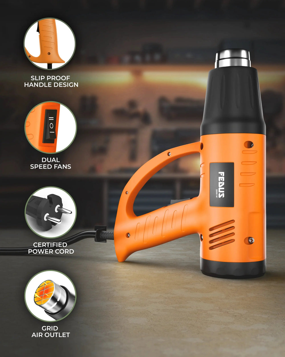 FEDUS Heat Gun Hot Air Gun Temperature Machine 2000W, 2 Temp Settings Great for industrial use & Crafts, Removing & Drying Paint, Shrink Tubing/Wrapping Packing, Bend Plastic Pipes, Epoxy Resin, Orange FEDUS