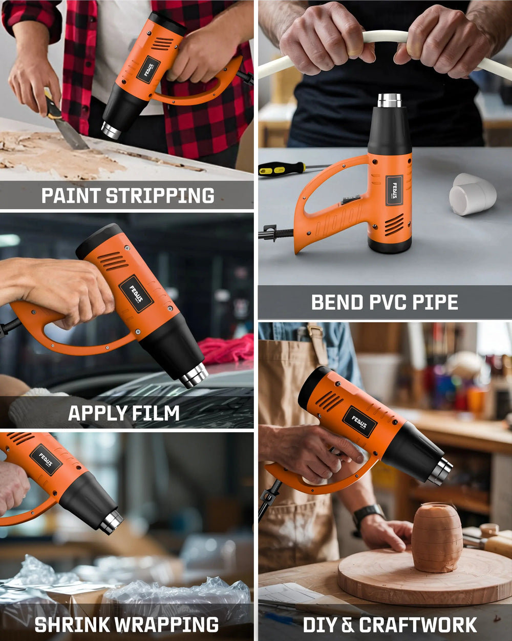 FEDUS Heat Gun Hot Air Gun Temperature Machine 2000W, 2 Temp Settings Great for industrial use & Crafts, Removing & Drying Paint, Shrink Tubing/Wrapping Packing, Bend Plastic Pipes, Epoxy Resin, Orange FEDUS