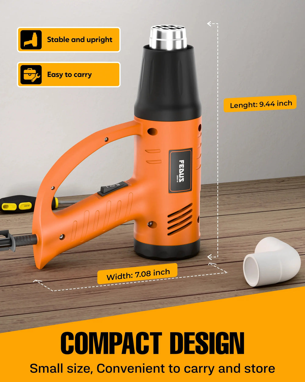 FEDUS Heat Gun Hot Air Gun Temperature Machine 2000W, 2 Temp Settings Great for industrial use & Crafts, Removing & Drying Paint, Shrink Tubing/Wrapping Packing, Bend Plastic Pipes, Epoxy Resin, Orange FEDUS
