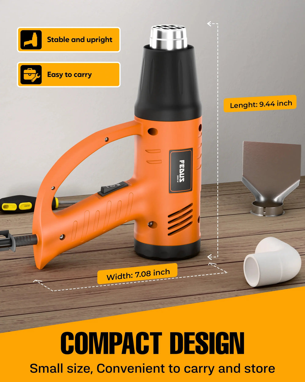 FEDUS Heat Gun Hot Air Gun Temperature Machine 2000W 5 Nozzles Included, 2 Temp Settings Great for industrial use & Crafts, Removing & Drying Paint, Shrink Tubing/Wrapping Packing, Bend Pipes, Epoxy Resin, Orange FEDUS