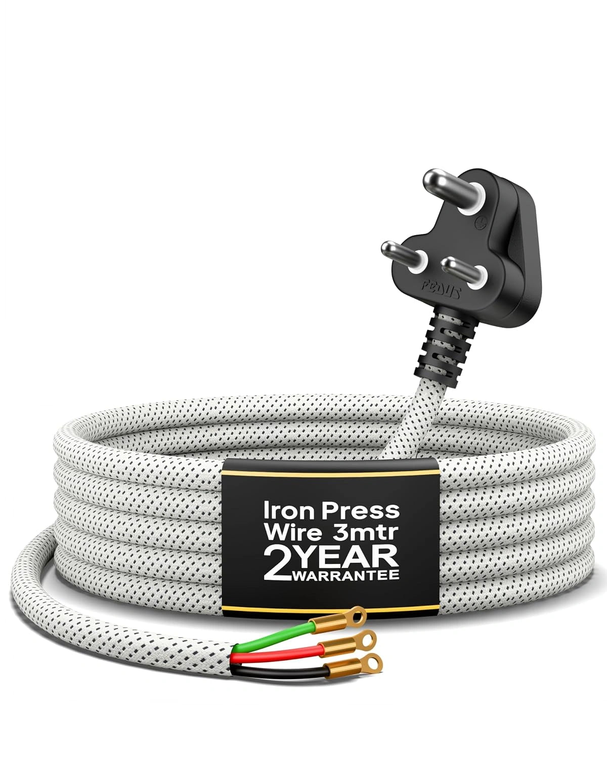 FEDUS Heavy Duty Iron Power Cord | 6A 3 Pin Plug | 0.75 Sqmm 100% Pure Copper Braided Cable | Heat Resistant PVC Wire | Replacement Cord for Electric Iron | 2 Years Warrantey (White) FEDUS