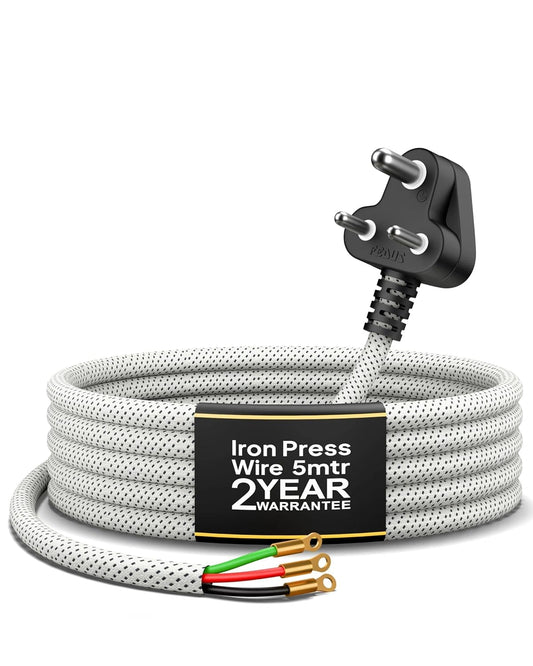 FEDUS Heavy Duty Iron Power Cord 5 Meter | 6A 3 Pin Plug | 0.75 Sqmm 100% Pure Copper Braided Cable | Heat Resistant PVC Wire | Replacement Cord for Electric Iron | 2 Years Warrantey (White) FEDUS