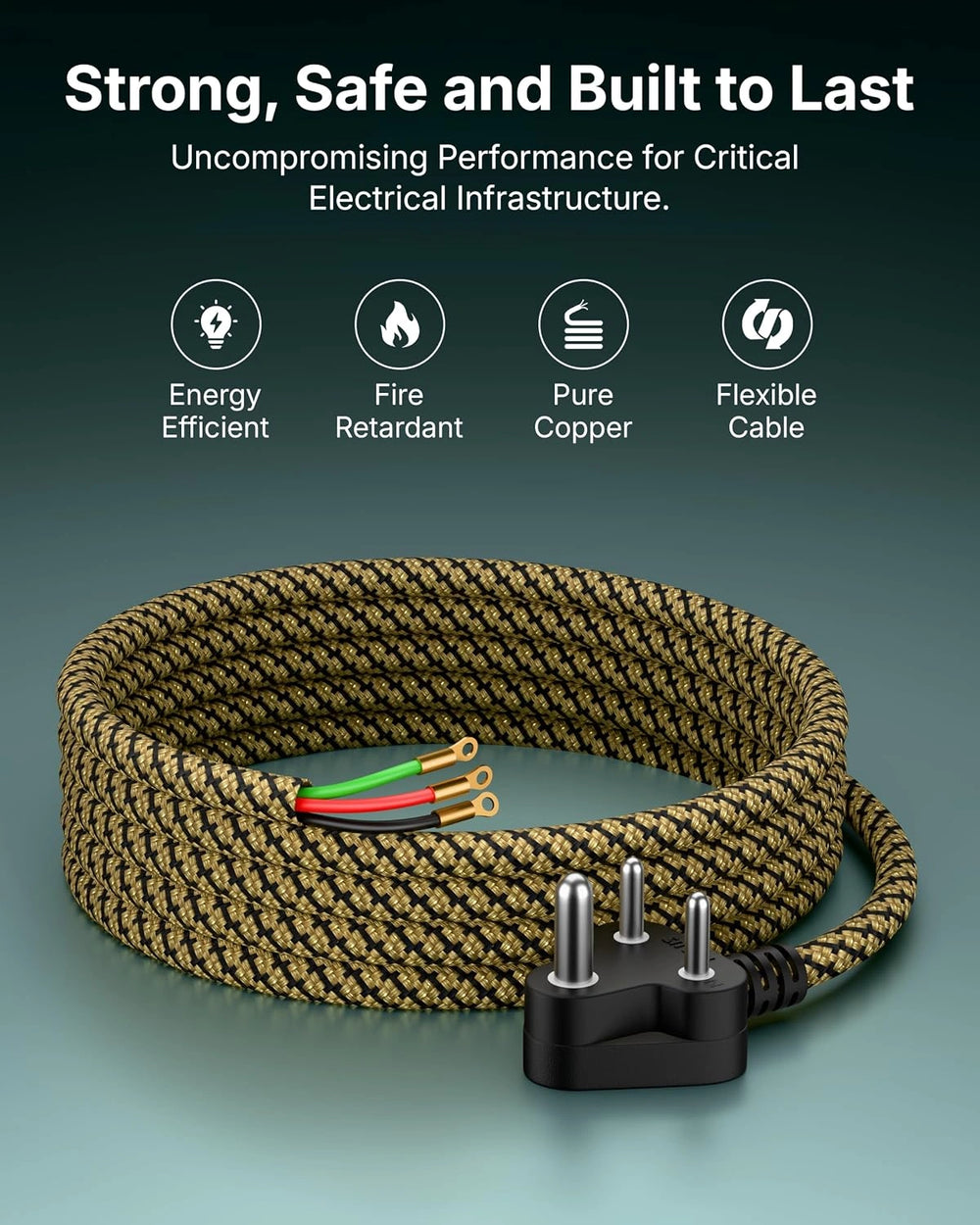 A coiled braided electrical cable with a black three-pin plug, shown on a dark teal gradient background with marketing text and feature icons for energy efficiency, fire retardancy, pure copper, and flexible cable.