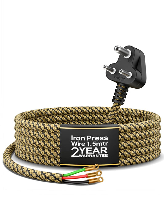 A coiled iron wire extension cable with a black and gold braided jacket, featuring a black UK three-pin power plug, a central black label with gold text, and exposed wire ends with red, green, black, and gold ring terminals, shown on a white background.