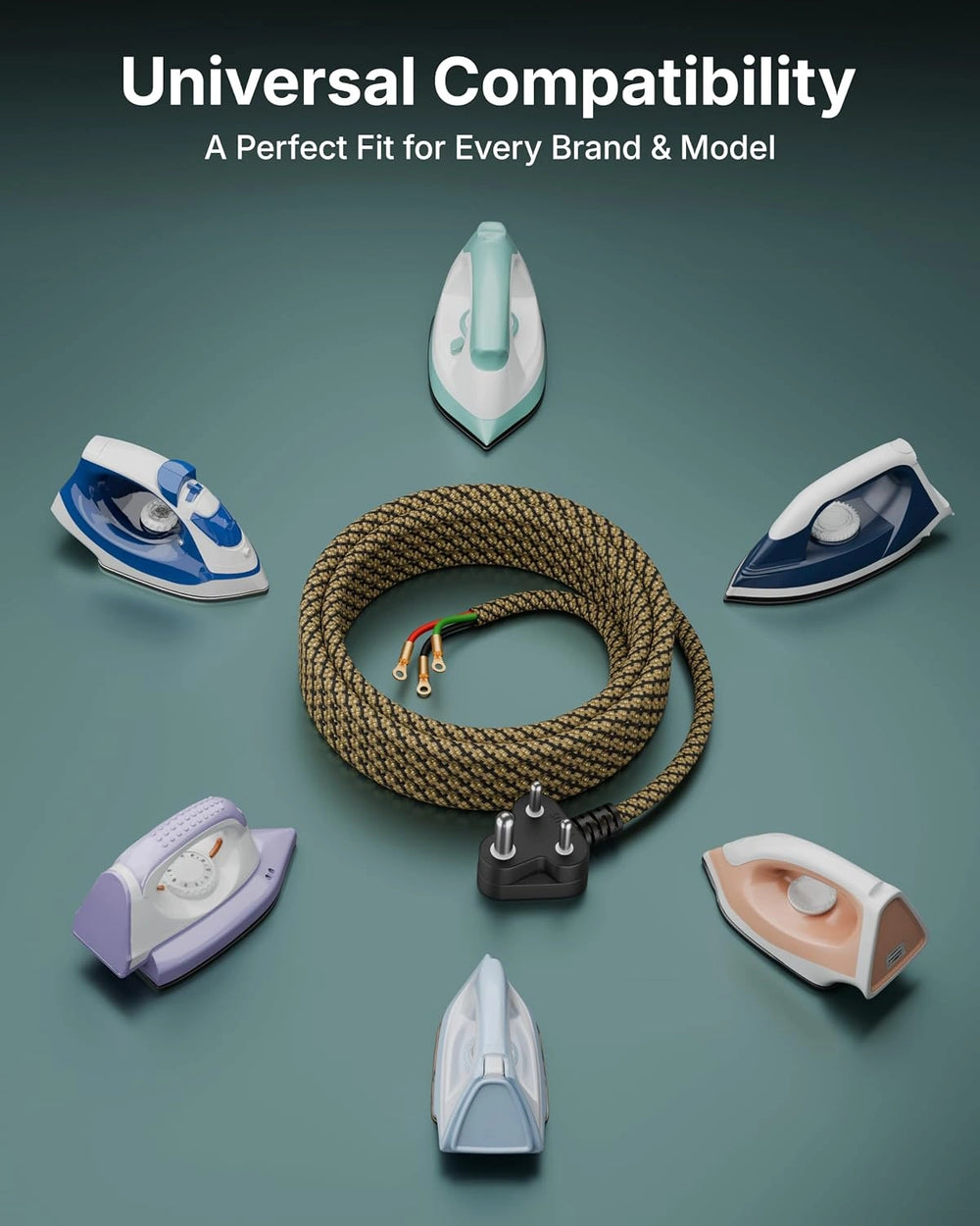 Universal compatibility graphic showing a coiled beige braided extension cord with a black plug, surrounded by multiple iron illustrations in different colors on a teal background, with the headline 'Universal Compatibility' and subtext 'A Perfect Fit for Every Brand & Model'.