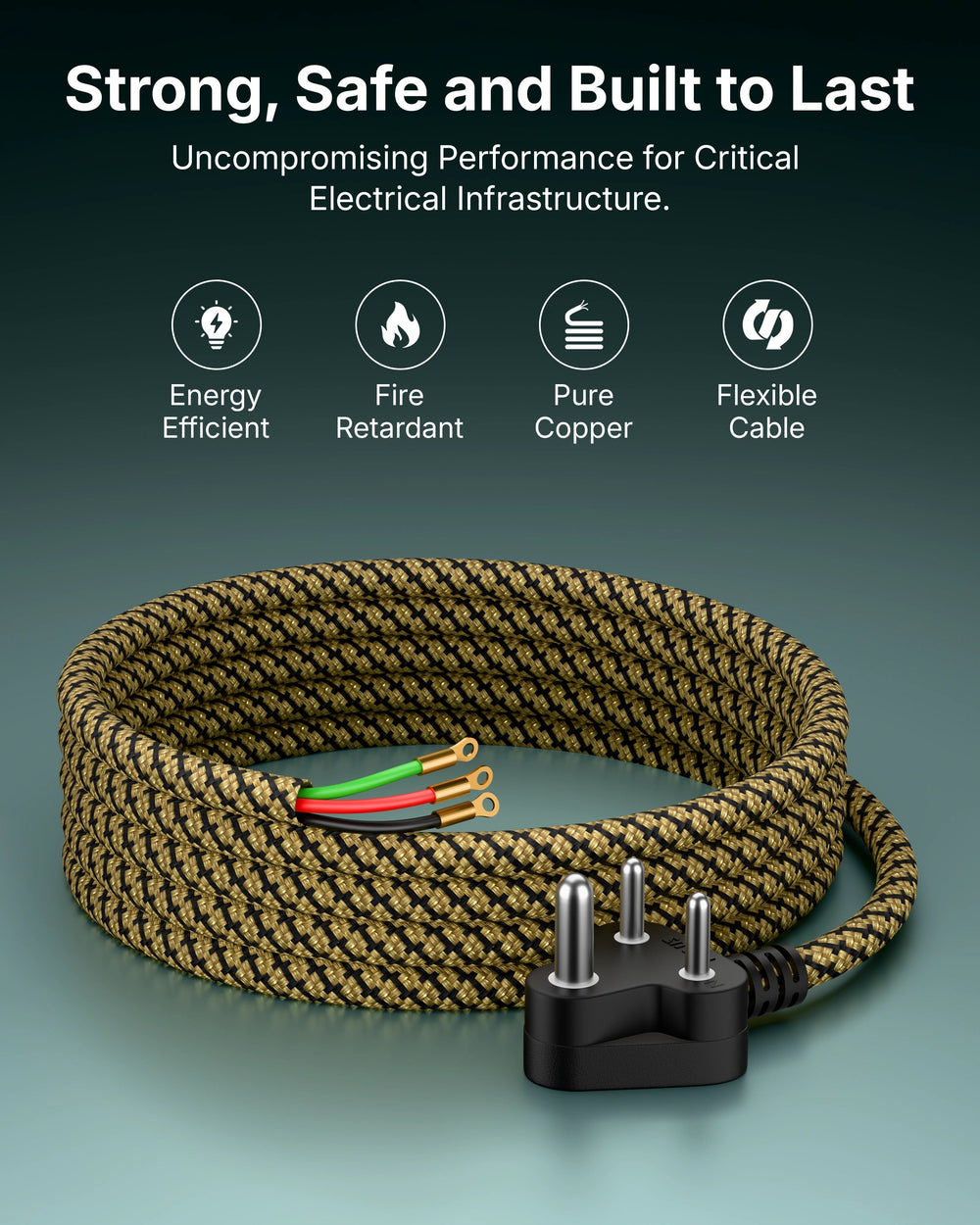 FEDUS Heavy Duty Iron Power Cord | 6A 3 Pin Plug | 0.75 Sqmm 100% Pure Copper Braided Cable | Heat Resistant PVC Wire | Replacement Cord for Electric Iron | 2 Years Warrantey (Brass) FEDUS