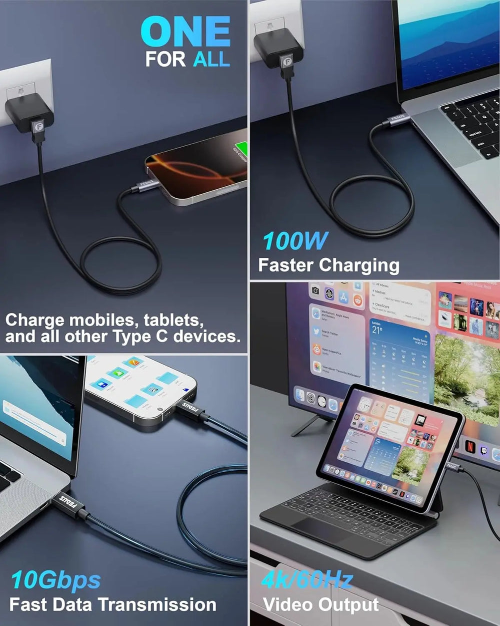 FEDUS 100W USB C Cable Gen2 5Gbps USB 3.2 PD Type-C Cable, L-Shape 4.9 Feet, 4K 60Hz Video Output Fast Charging Compatible with iPhone 17/16/15, NVMe SSD, Monitor, Galaxy S25/S24/S23 Ultra, MacBook FEDUS
