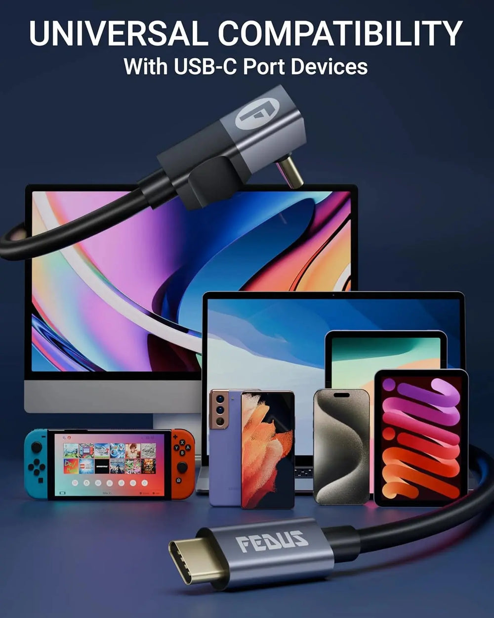 FEDUS 100W USB C Cable Gen2 5Gbps USB 3.2 PD Type-C Cable, L-Shape 4.9 Feet, 4K 60Hz Video Output Fast Charging Compatible with iPhone 17/16/15, NVMe SSD, Monitor, Galaxy S25/S24/S23 Ultra, MacBook FEDUS