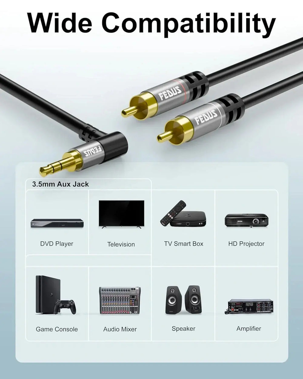 FEDUS L-Shape Aux to RCA Cable RCA to 3.5mm Cable Double Shielded Oxygen-Free Copper RCA to 3.5 mm male 3.5mm to RCA Cable, RCA to Aux Cable, RCA to RCA cable for Smartphones, MP3, Tablets, Speakers FEDUS