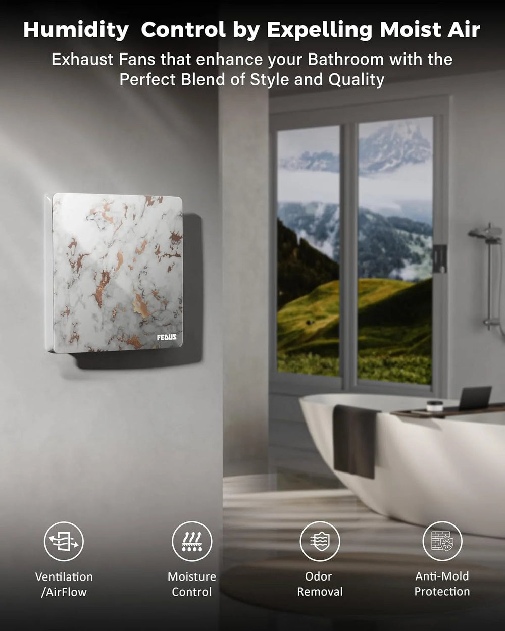 FEDUS LUMIO 150mm (6 Inch) Axial Exhaust Fan for Kitchen & Bathroom, 1850 RPM Turbo Speed, 100% Copper Motor Automatic Shutter, Silent Operation Premium ABS Body Ventilation Home & Office (Arctic Marble) FEDUS