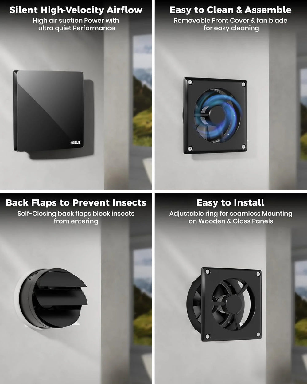 FEDUS LUMIO 150mm (6 Inch) Axial Exhaust Fan for Kitchen & Bathroom, 1850 RPM Turbo Speed,100% Copper Motor Automatic Shutter, Silent Operation Premium ABS Body Ventilation Home & Office (Metallic Black) FEDUS