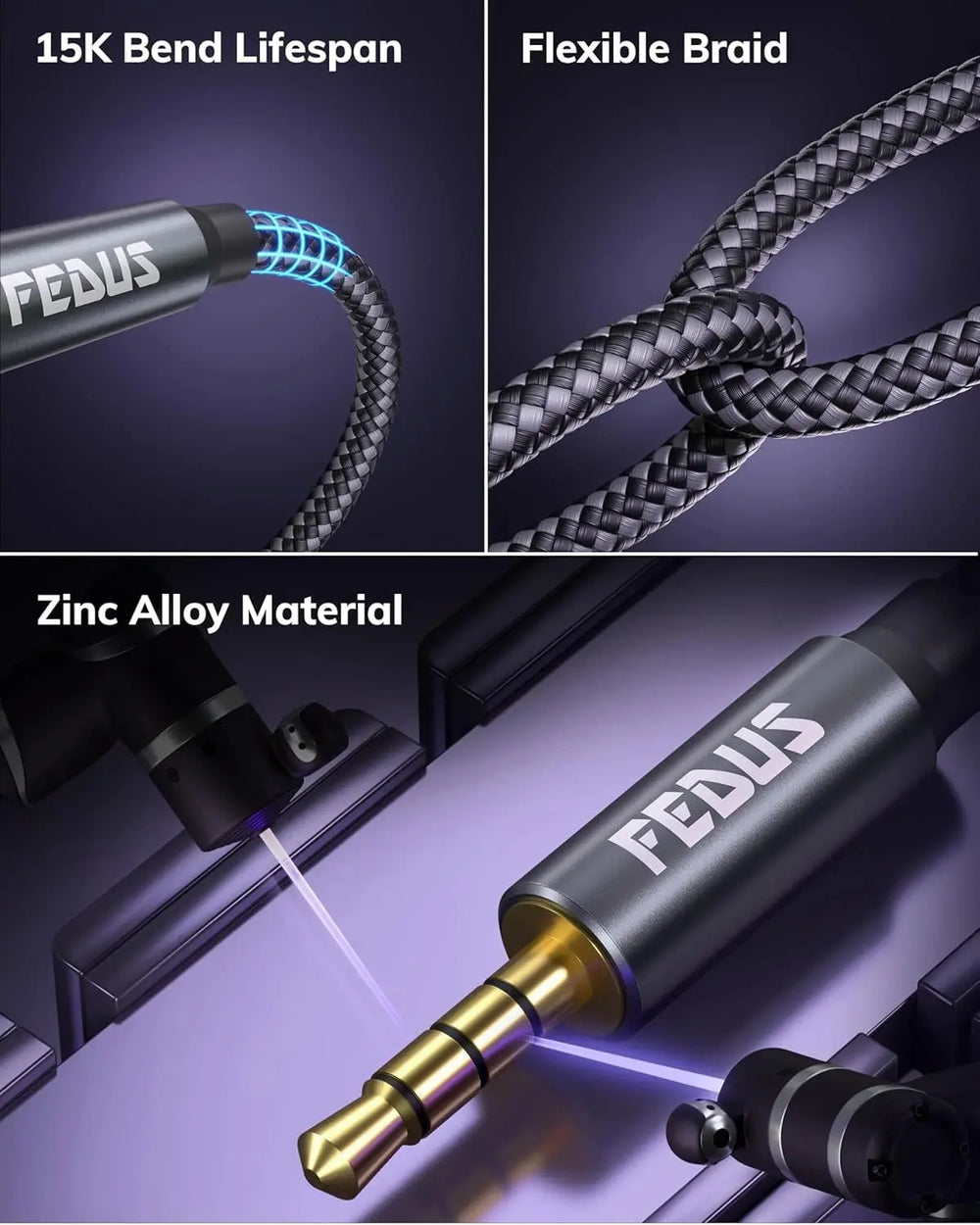 FEDUS 3.5 mm to 3.5 mm Male to Male Aux to Aux Audio Cable Cord with Microphone 3.2 Feet Nylon Braided TRRS 4 Pole Stereo Audio Cord Aux Cable for Car, Aux Cable for Speakers, Earphone Headphone,Phone FEDUS