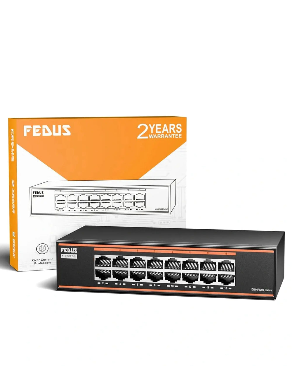FEDUS network switch with packaging on a white background