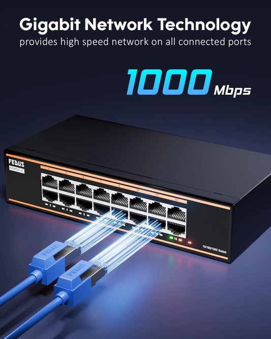 FEDUS NextPort 16 Port Gigabit Ethernet Switch | 1000Mbps Metal Unmanaged Network Splitter Hub | Fanless, Plug & Play Desktop Splitter | 6KV Surge Protection for Home, Office, CCTV & Gaming, Internet | PoE