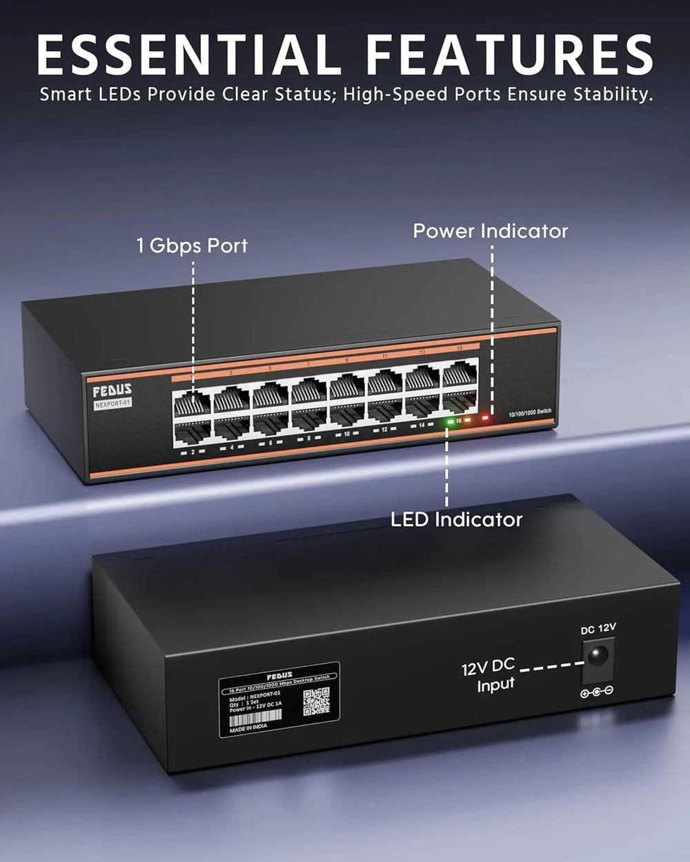 FEDUS NEXTPORT-16000, 16 Port Gigabit Ethernet Network Switch | 10/100/1000 Mbps Unmanaged LAN Splitter Hub | Premium Metal Fanless Desktop | 6KV Surge Protection, Plug & Play for PC, CCTV, Router FEDUS