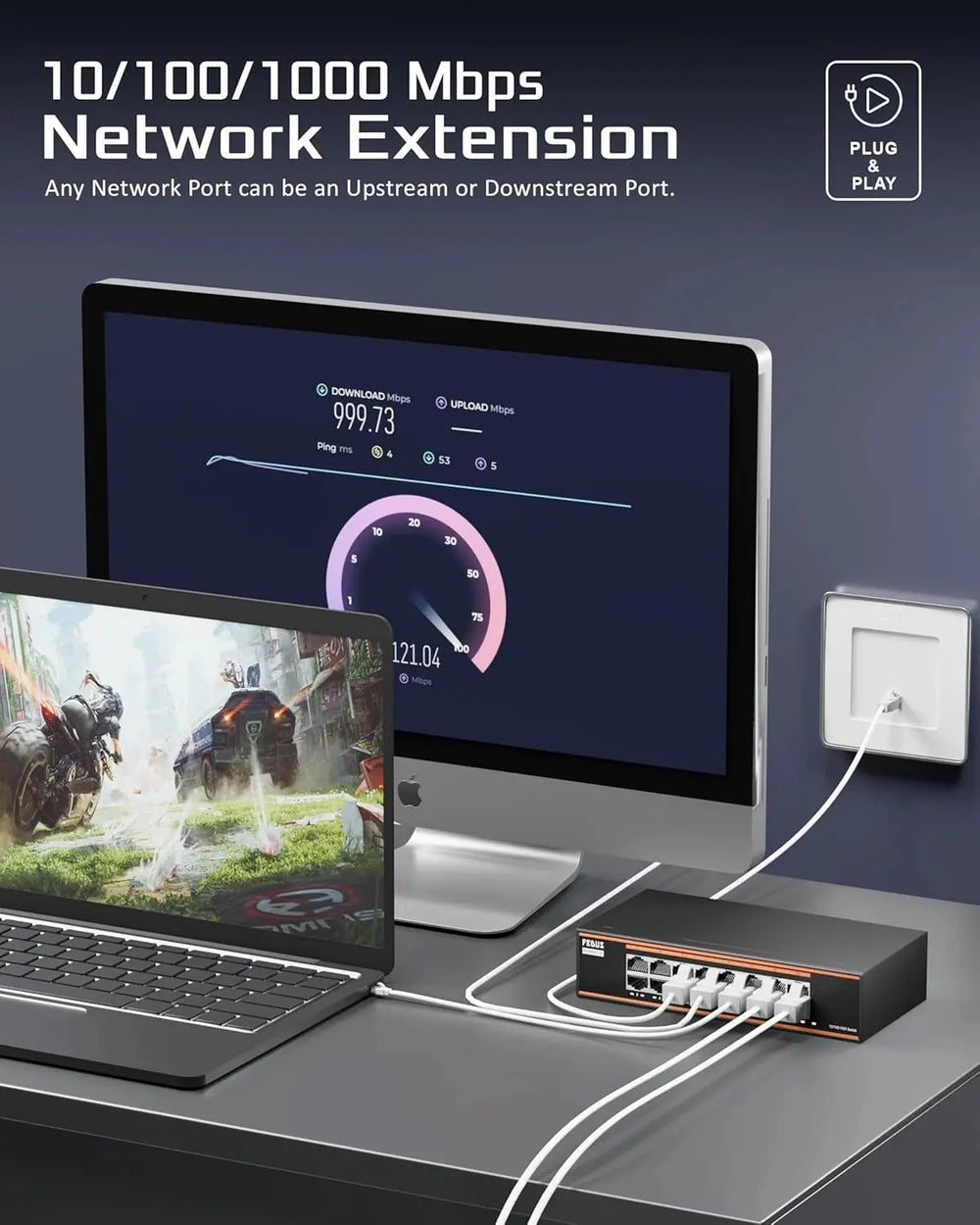 FEDUS NEXTPORT-16000, 16 Port Gigabit Ethernet Network Switch | 10/100/1000 Mbps Unmanaged LAN Splitter Hub | Premium Metal Fanless Desktop | 6KV Surge Protection, Plug & Play for PC, CCTV, Router FEDUS