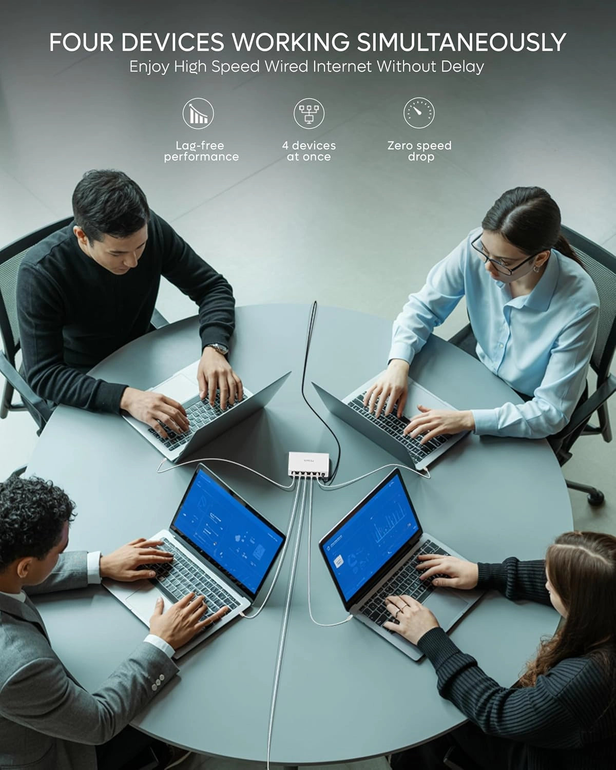 Four people working on laptops connected to a central device, with text about high-speed internet.