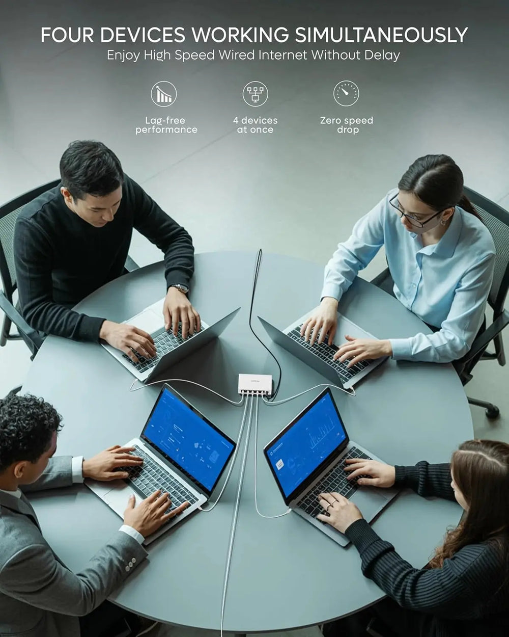 Four people working on laptops connected to a central device, with text about high-speed internet.