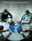 Four people working on laptops connected to a central device, with text about high-speed internet.
