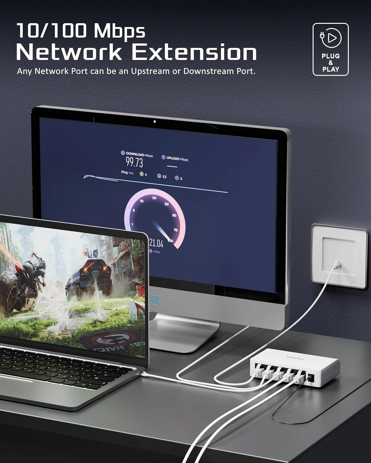 Network extension device with computer setup on a desk, showing network speed.