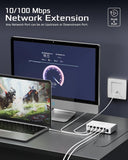 Network extension device with computer setup on a desk, showing network speed.