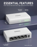 Two white network switches with labeled features on a dark background