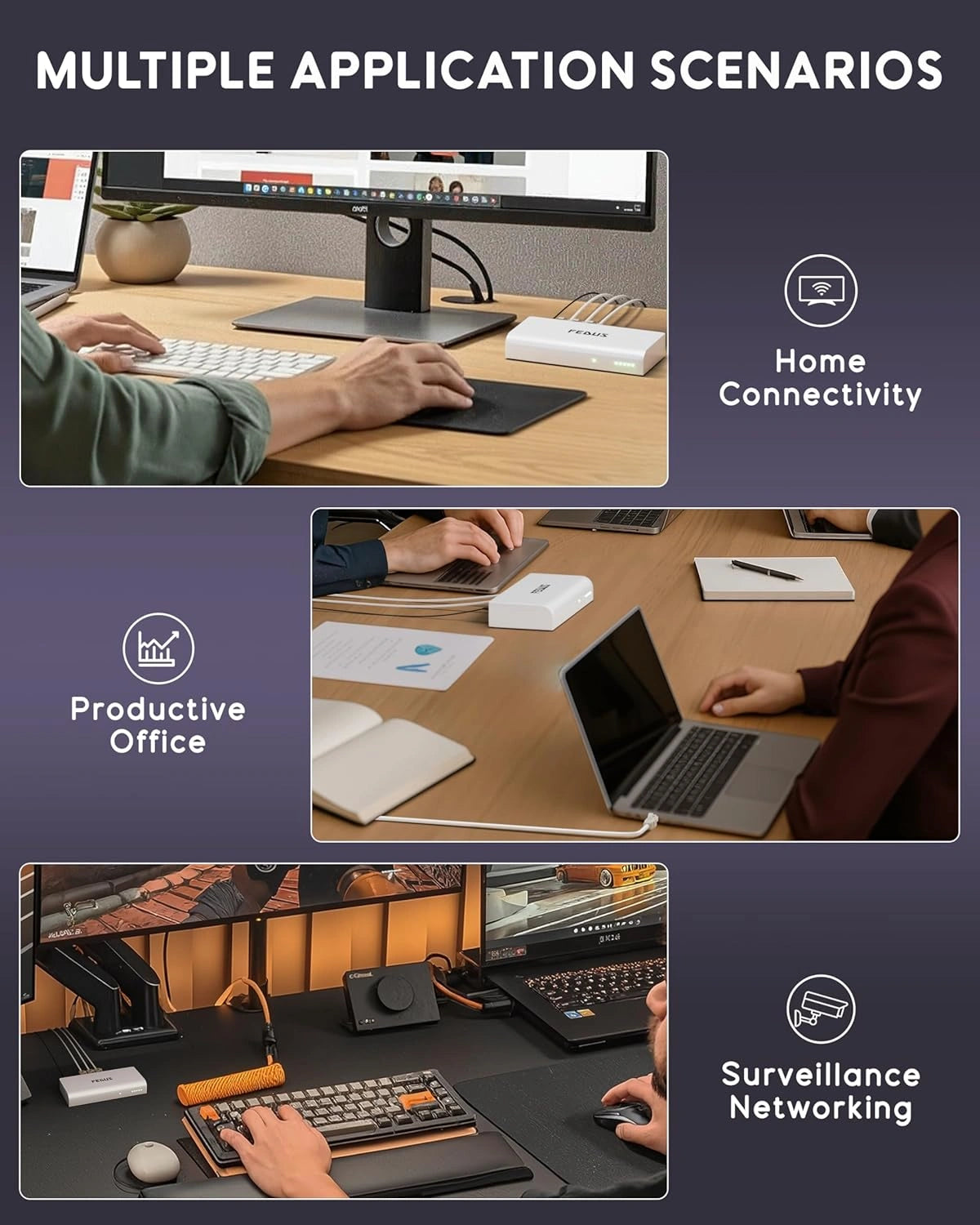 Collage of people using computers in various settings with text on application scenarios.