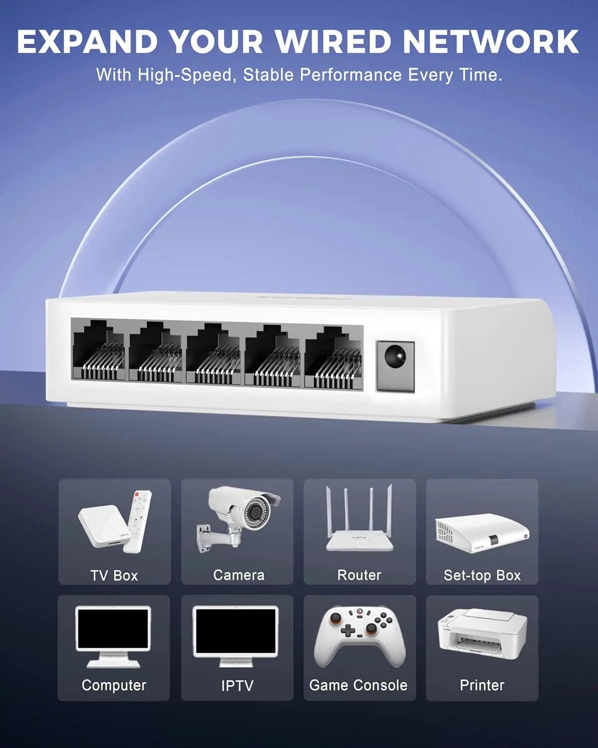 White network switch with connectivity icons for various devices on a blue background