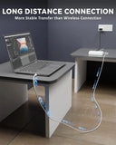 Laptop on a desk with a cable running along the floor, emphasizing long-distance connection.
