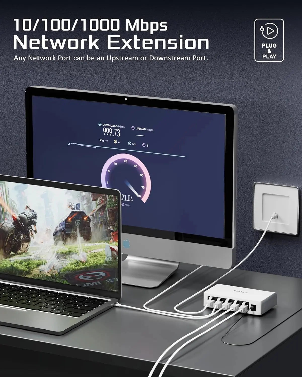 Network extension device with computer and laptop on a desk