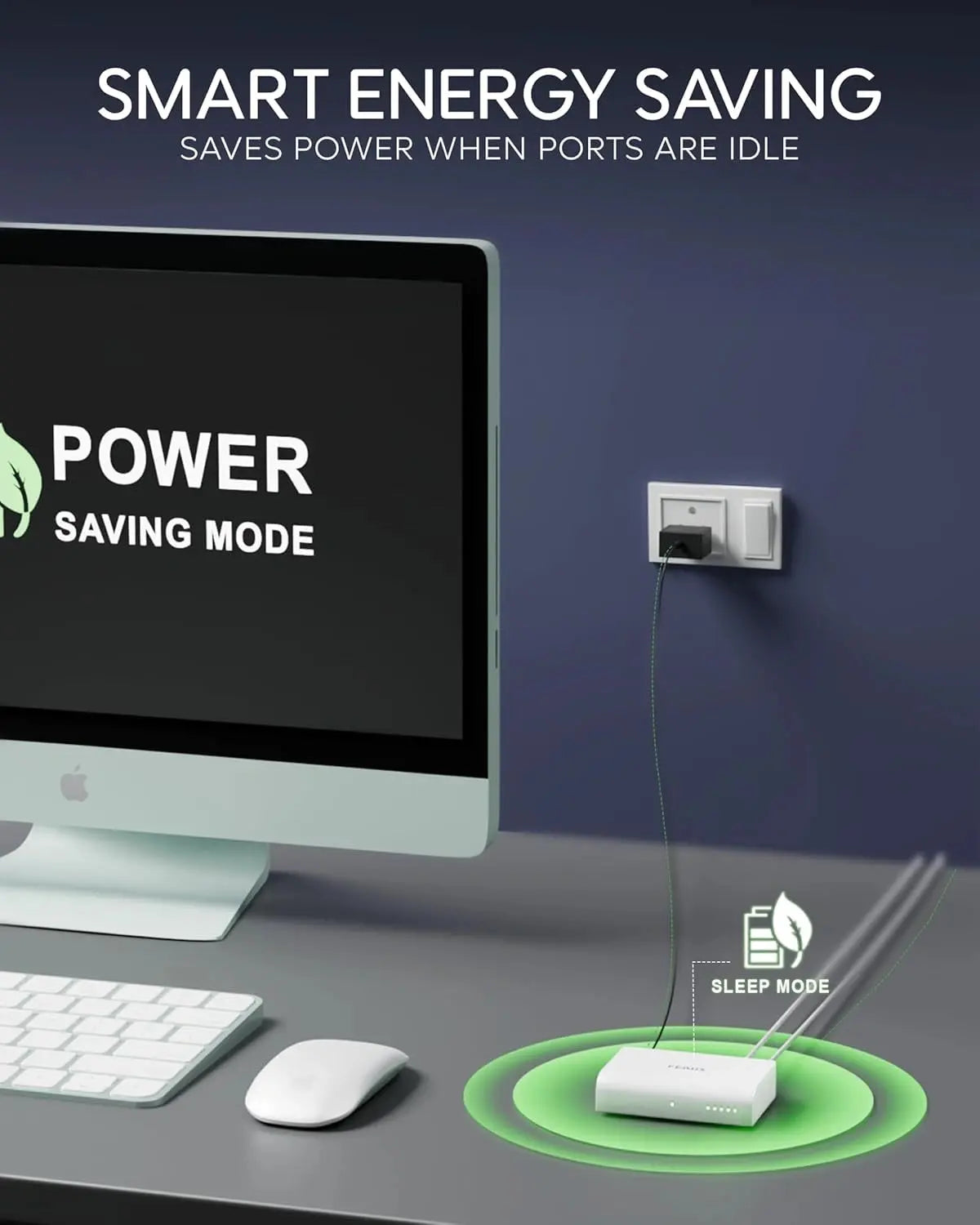 Computer setup with power saving mode display and smart energy saving device on a desk.