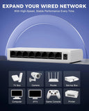 Network switch with expand your wired network text and device compatibility icons on a blue background