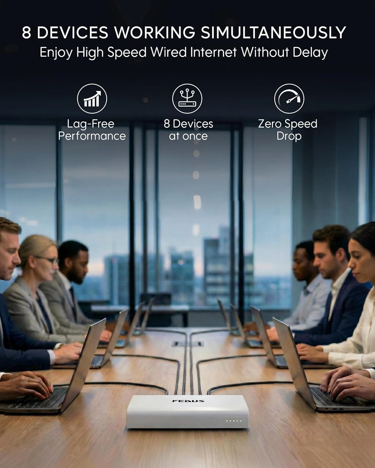 Group of people in a modern office setting with laptops connected to a router, emphasizing high-speed internet performance.