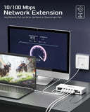 Network extension device with computer setup on a desk, showing network speed.