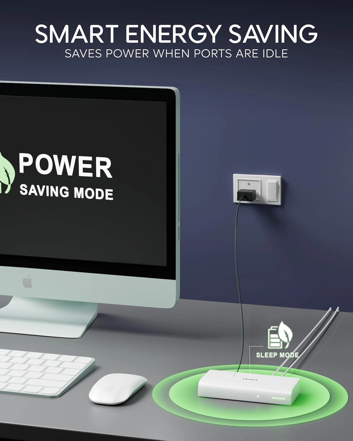 Computer setup with power saving mode display and smart energy saving device on desk.