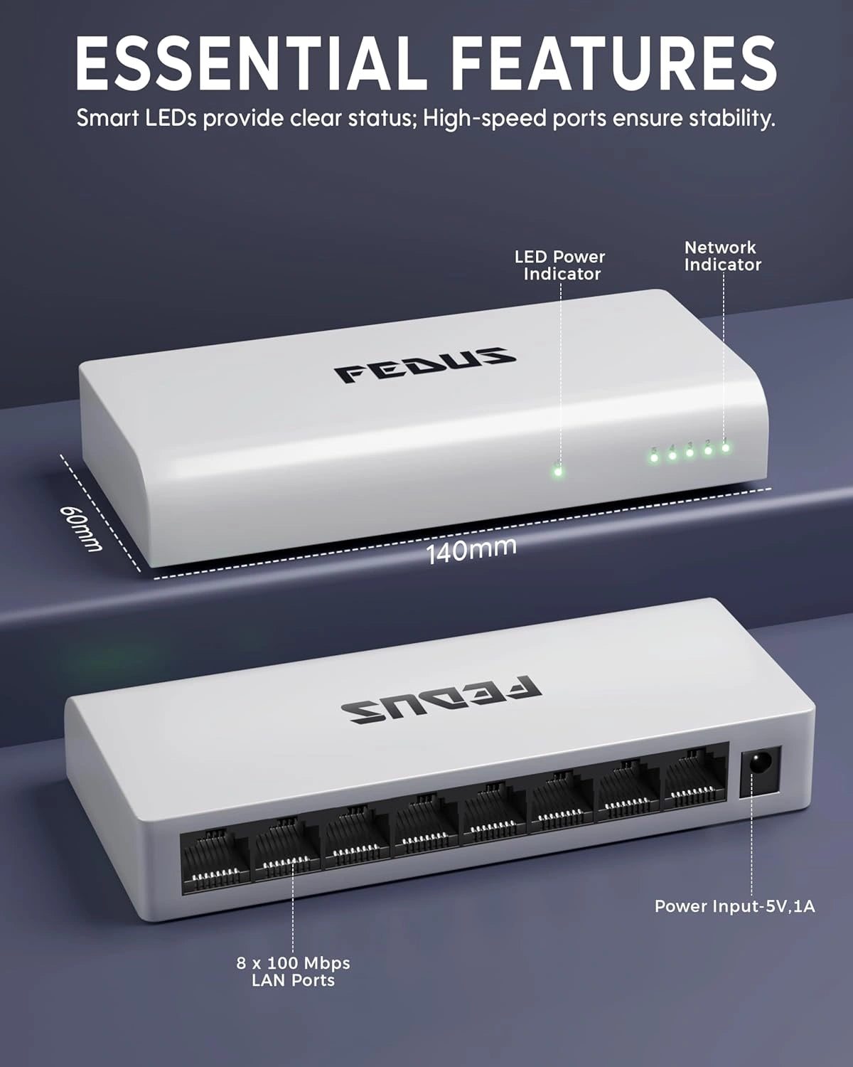 Two white network switches with labeled features on a dark blue background