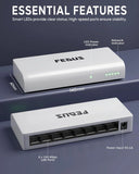 Two white network switches with labeled features on a dark blue background