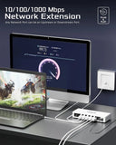Network extension device with computer setup on a desk, showing network speed.