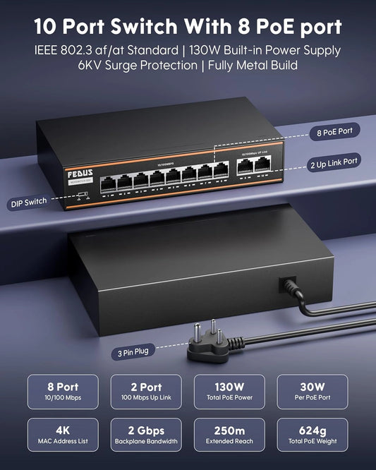 FEDUS NextSwitch 10 Port AI PoE Switch, 10/100 Mbps 8 PoE + 2 Uplink 130W Unmanaged Active PoE for IP Cameras, NVR, VoIP, 250m Long Range, VLAN Isolation, 6KV Surge Protection Ethernet LAN Extender