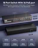 FEDUS NextSwitch-16000UG 18 Port PoE Switch, 16 PoE Ports (10/100Mbps) + 2 Gigabit Uplink +1 SFP Gigabit Port, 240W Power Budget, IEEE 802.3af/at, 250m Extend Mode, VLAN, 6KV Surge, Unmanaged CCTV NVR