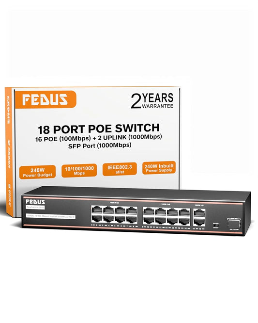 FEDUS NextSwitch-16000UG 18 Port PoE Switch, 16 PoE Ports (10/100Mbps) + 2 Gigabit Uplink +1 SFP Gigabit Port, 240W Power Budget, IEEE 802.3af/at, 250m Extend Mode, VLAN, 6KV Surge, Unmanaged CCTV NVR